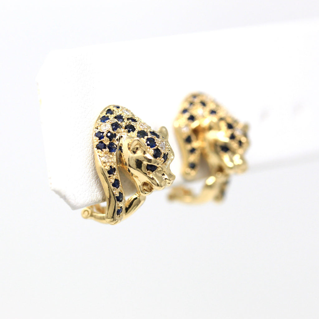 Sapphire Panther Earrings - Estate 14k Yellow Gold Genuine Diamonds Omega Pierced Backs - Vintage Circa 1980s Era Gems Big Cat Fine Jewelry