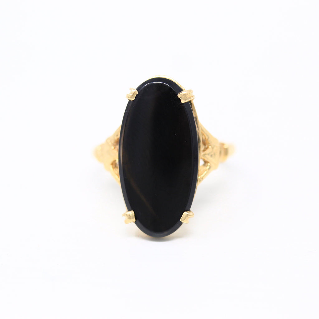Genuine Onyx Ring - Vintage 14k Yellow Gold Black Oval Cabochon Gemstone Statement - Circa 1990s Era Size 5 Prong Setting Fine 90s Jewelry
