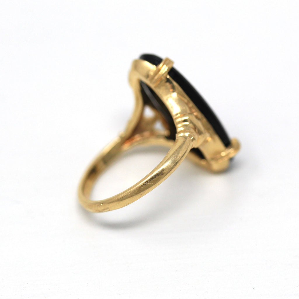 Genuine Onyx Ring - Vintage 14k Yellow Gold Black Oval Cabochon Gemstone Statement - Circa 1990s Era Size 5 Prong Setting Fine 90s Jewelry
