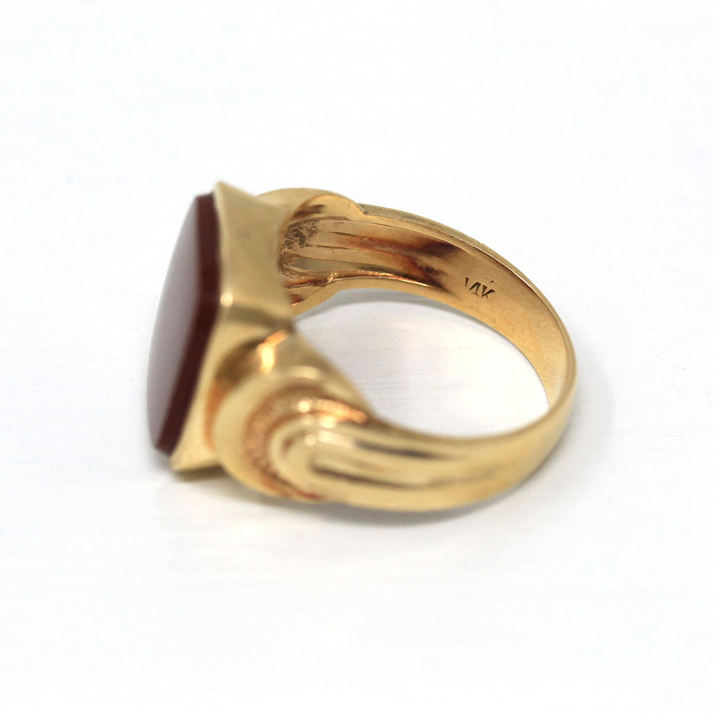 Genuine Carnelian Ring - Edwardian 14k Yellow Gold Statement Gemstone - Antique Circa 1910s Era Size 10 1/4 Unisex Rectangular Fine Jewelry