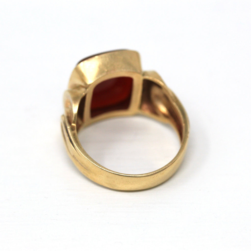 Genuine Carnelian Ring - Edwardian 14k Yellow Gold Statement Gemstone - Antique Circa 1910s Era Size 10 1/4 Unisex Rectangular Fine Jewelry