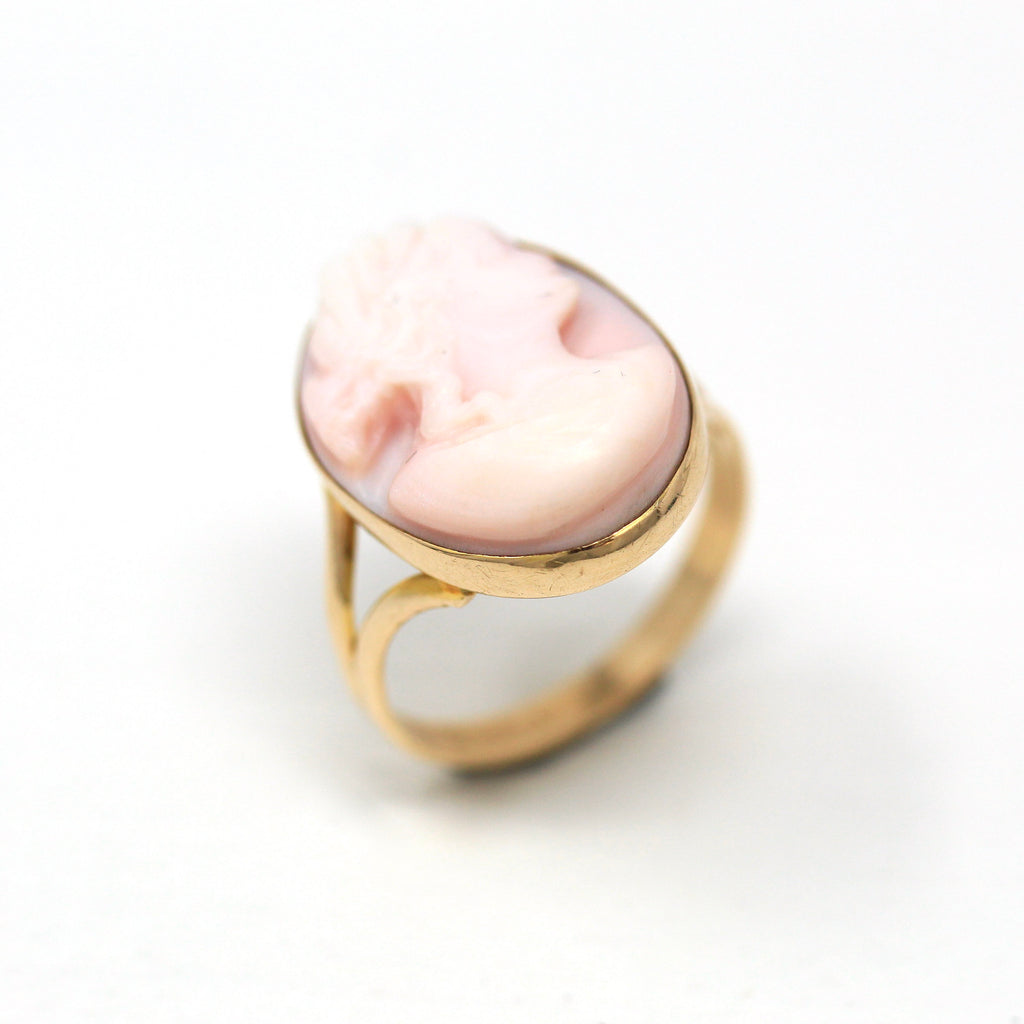 Antique Cameo Ring - Edwardian 10k Yellow Gold Carved Angel Skin Coral Pale Pink Gem - Vintage Circa 1910s Era Size 5 1/4 Statement Jewelry