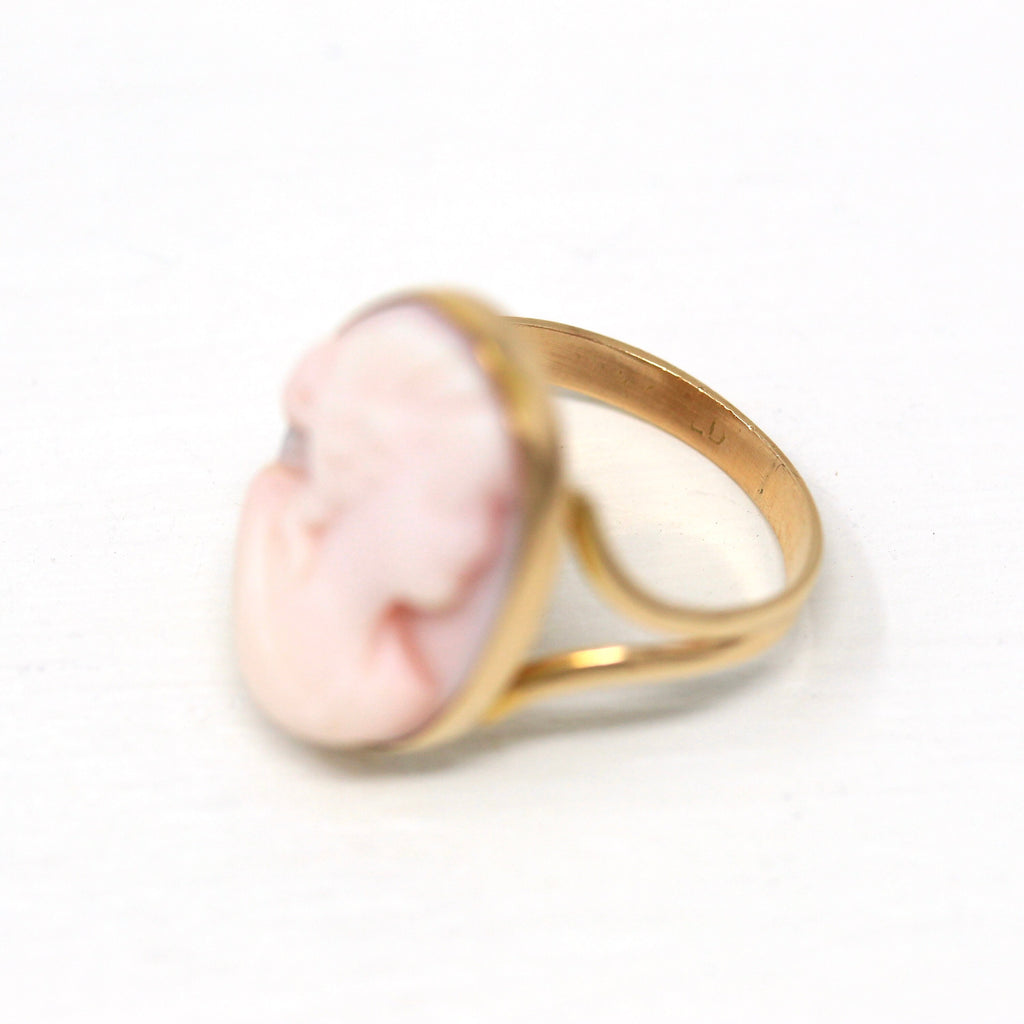 Antique Cameo Ring - Edwardian 10k Yellow Gold Carved Angel Skin Coral Pale Pink Gem - Vintage Circa 1910s Era Size 5 1/4 Statement Jewelry