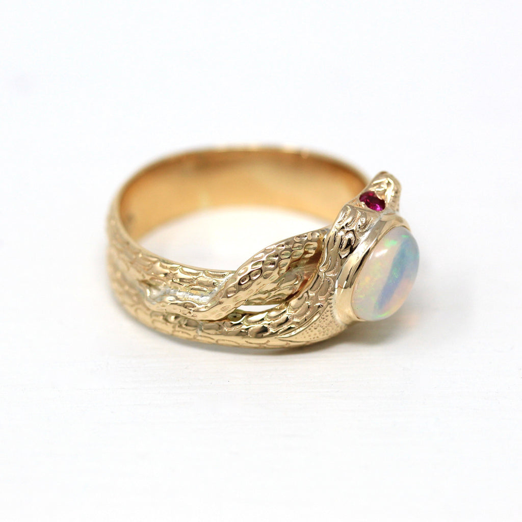 Antique Snake Ring - Edwardian Era 14k Yellow Gold Opal & Created Ruby - Vintage Circa 1910s Era Size 10 Coiled Serpent Fine Jewelry