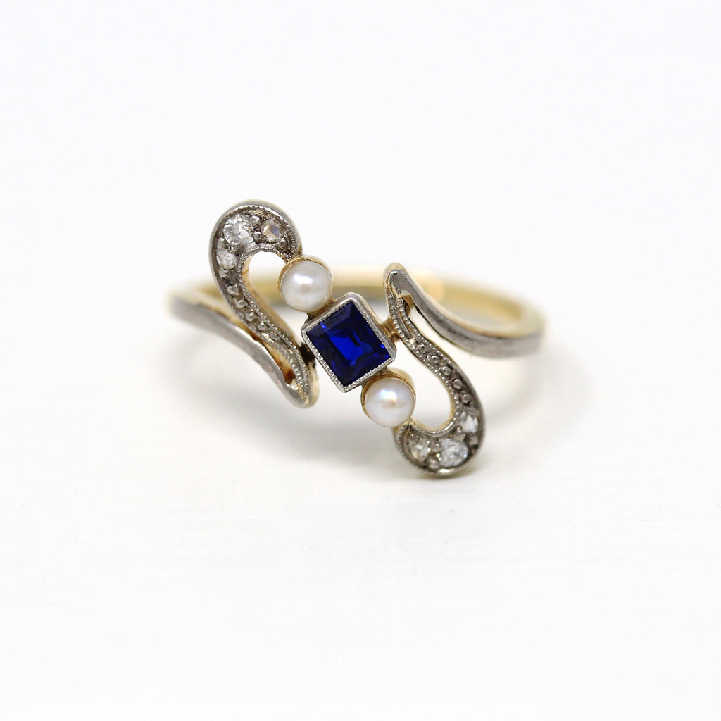 Art Deco Era Ring - Antique 14k Yellow & White Gold Blue .33 CT Created Sapphire - Vintage Circa 1920s Genuine Diamond Gem Fine 20s Jewelry