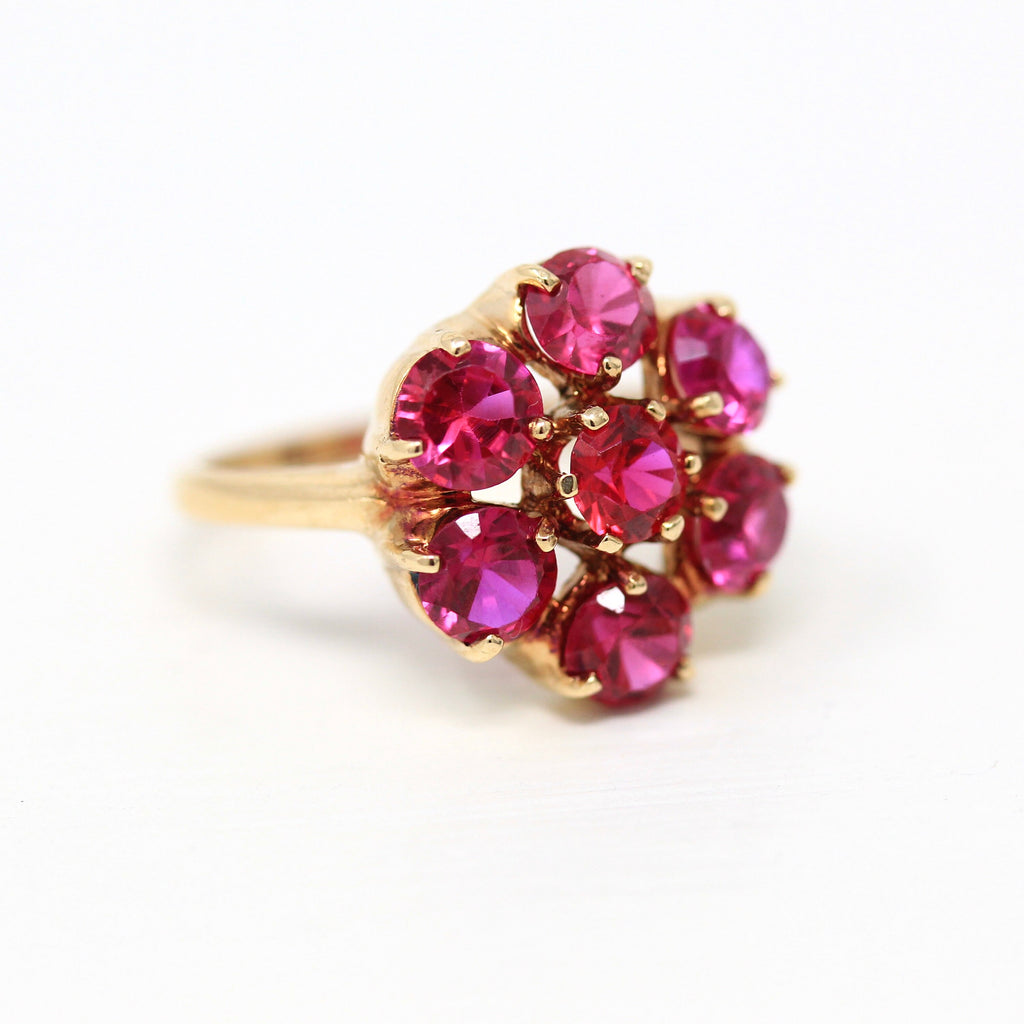 Created Ruby Ring - Retro Era 10k Yellow Gold Round 2.87 CTW Pinkish Red Facet Stones - Vintage Size 4.5 July Birthstone Flower Fine Jewelry