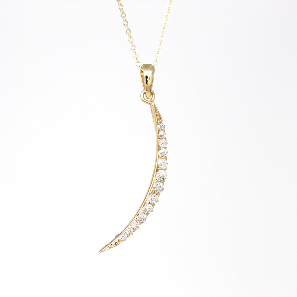 Crescent Moon Necklace - Edwardian 14k Yellow Gold .42 ctw Diamond Conversion Pendant - Antique Circa 1910s Era Fine Celestial Gem Jewelry