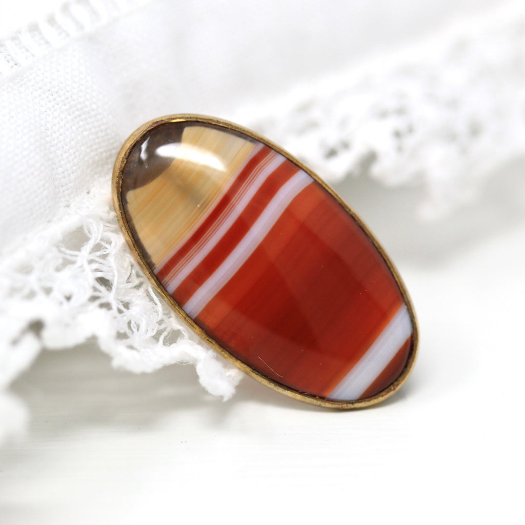 Sale - Genuine Agate Brooch - Edwardian Gold Filled Oval Cabochon Banded 15.57 CTW Gem - Antique Circa 1910s Era Fashion Accessory Jewelry