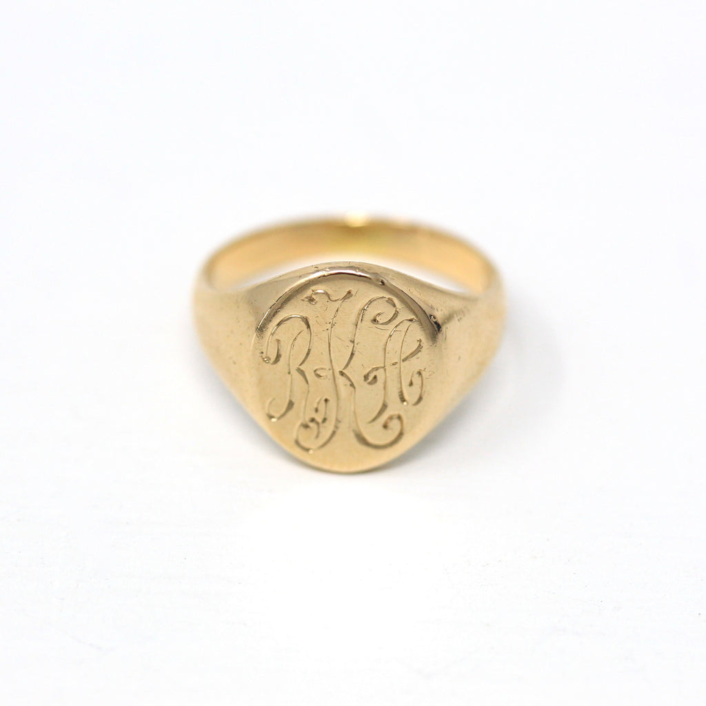Letters "RKA" Ring - Retro 14k Yellow Gold Engraved Monogrammed Initials Signet - Vintage Circa 1940s Era Size 3 3/4 Pinky Midi Fine Jewelry