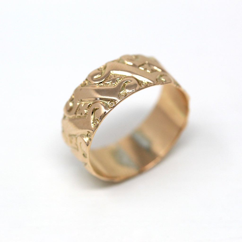 Antique Cigar Band - Edwardian 10k Rosy Yellow Gold Decorative Scrolled Design Wide Statement Ring - Vintage 1900s Era Size 7.5 Fine Jewelry