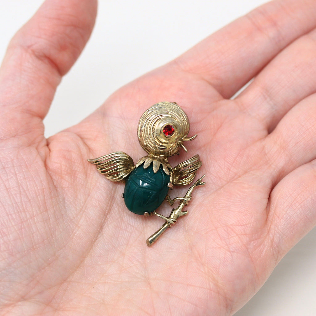 Vintage Bird Brooch - Retro Gold Washed Sterling Silver Genuine Green Chalcedony Scarab Pin - Circa 1970s Era Easter Chick Figural Jewelry