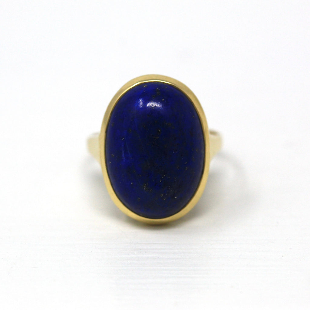 Genuine Lapis Lazuli Ring - Vintage 18k Yellow Gold Blue 8.64 CT Gem Oval Cabochon Statement - C. 1970s Retro Size 6 Gemstone Fine Jewelry