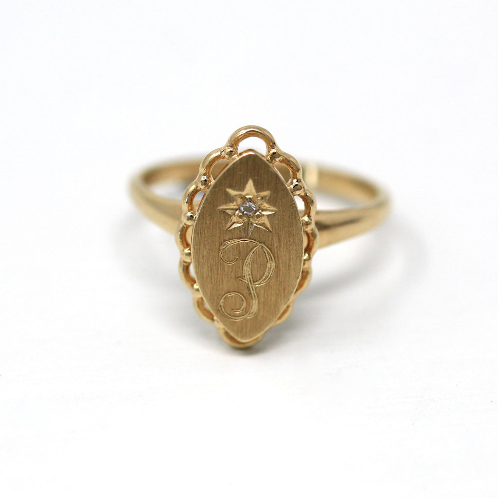 Vintage "P" Signet Ring - Retro 10k Yellow Gold Engraved Initial Diamond Marquise Band - Vintage Circa 1960s Size 5 1/4 Fine Star Jewelry