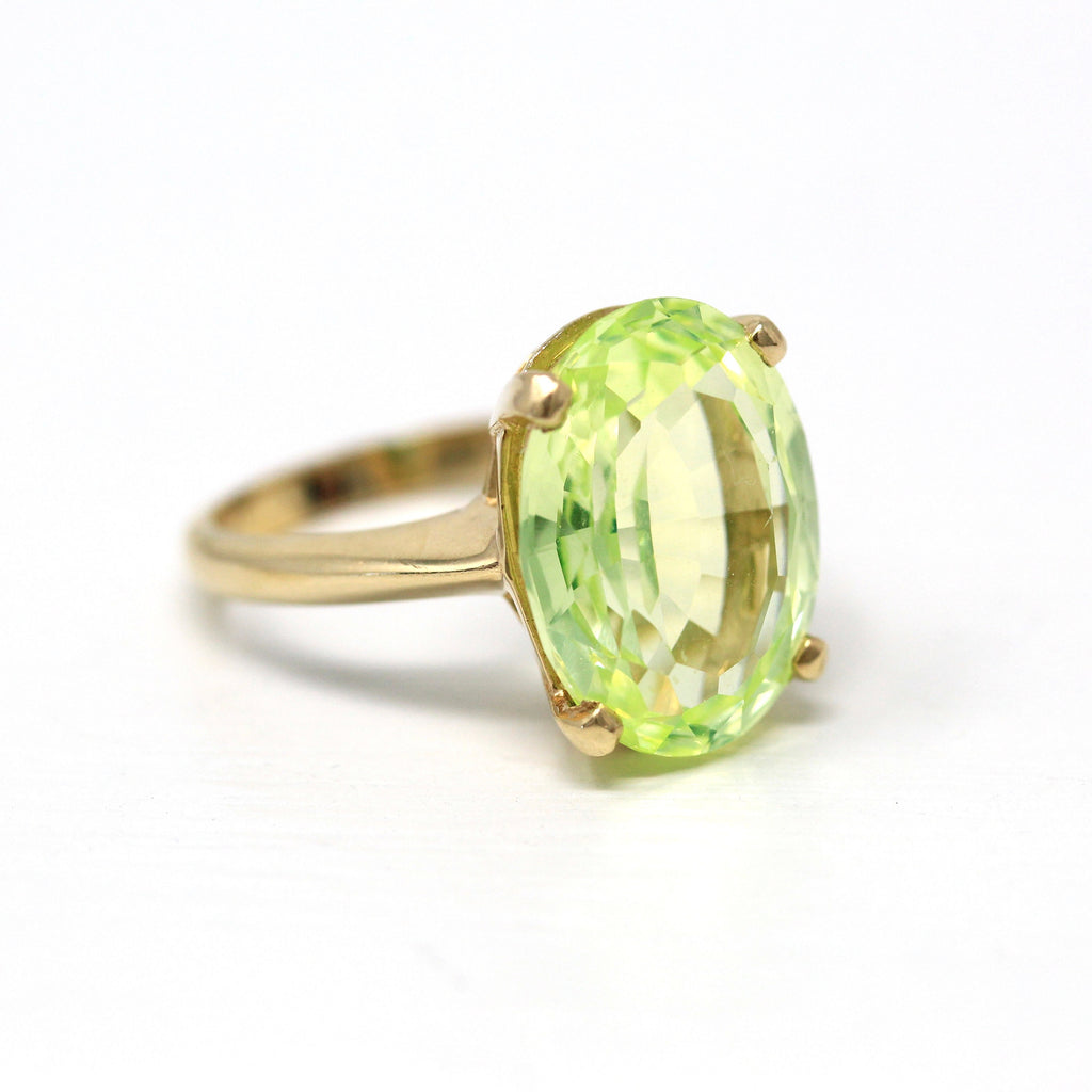 Created Spinel Ring - Retro 10k Yellow Gold Oval Neon Green 10 Carat Statement - Vintage Circa 1960s Era Size 6 3/4 Baden Foss Fine Jewelry