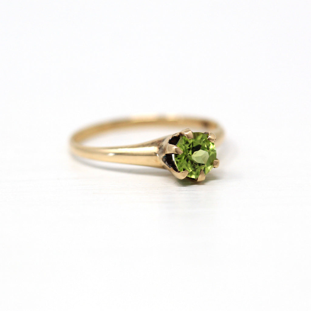 Genuine Peridot Ring - Retro 10k Yellow Gold Oval Faceted 1/2 ct Green Gem Solitaire - Vintage 1960s Size 5 1/4 August Birthstone Jewelry