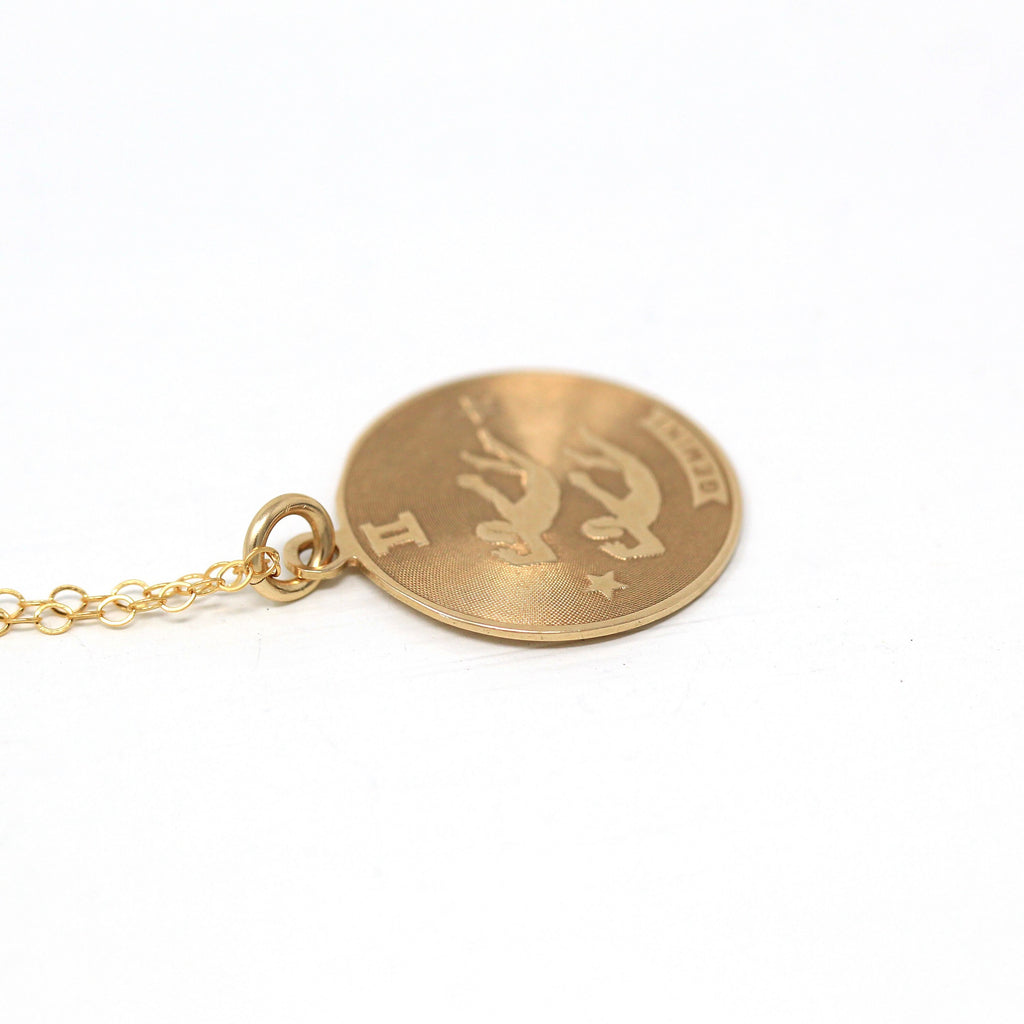 Vintage Gemini Pendant - Retro 14k Yellow Gold Twin Astrological Sign Necklace - Dated June 4th 1955 Zodiac Celestial Air Element Jewelry