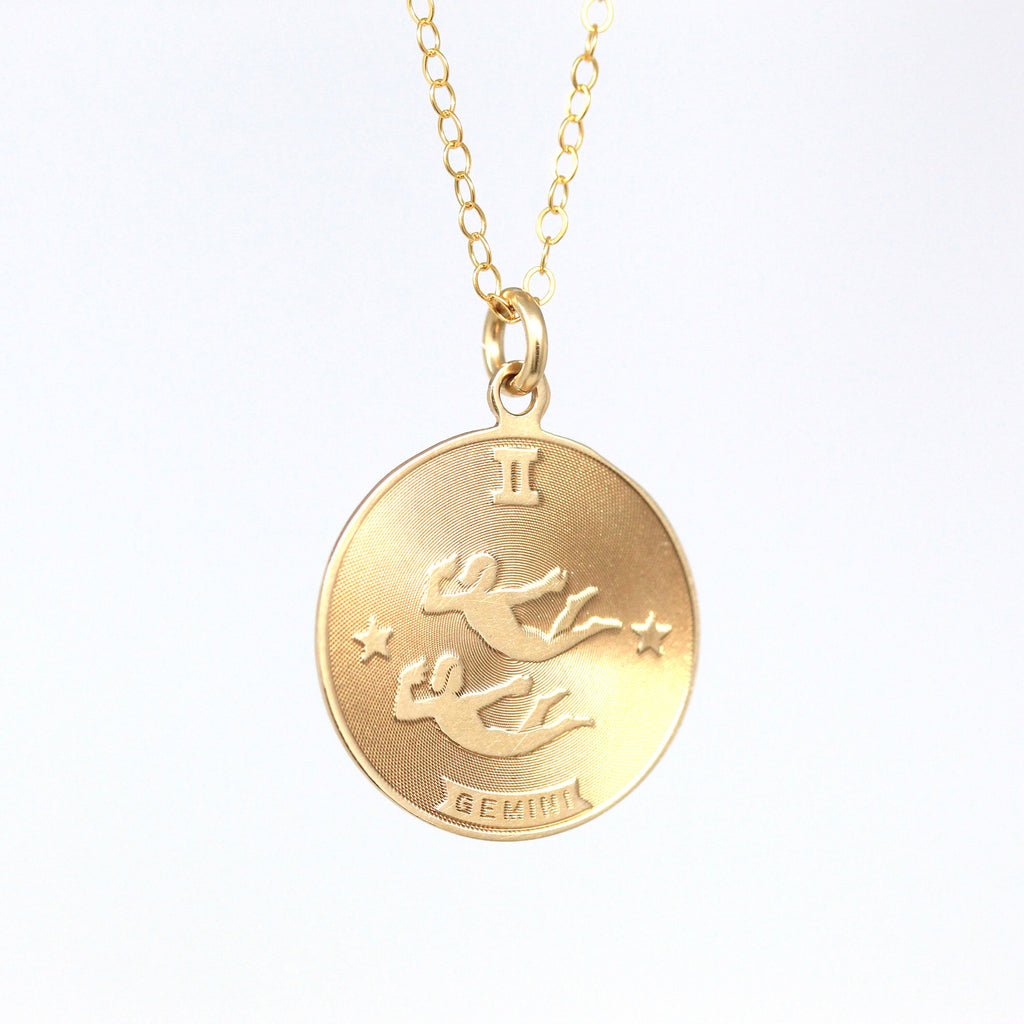 Vintage Gemini Pendant - Retro 14k Yellow Gold Twin Astrological Sign Necklace - Dated June 4th 1955 Zodiac Celestial Air Element Jewelry