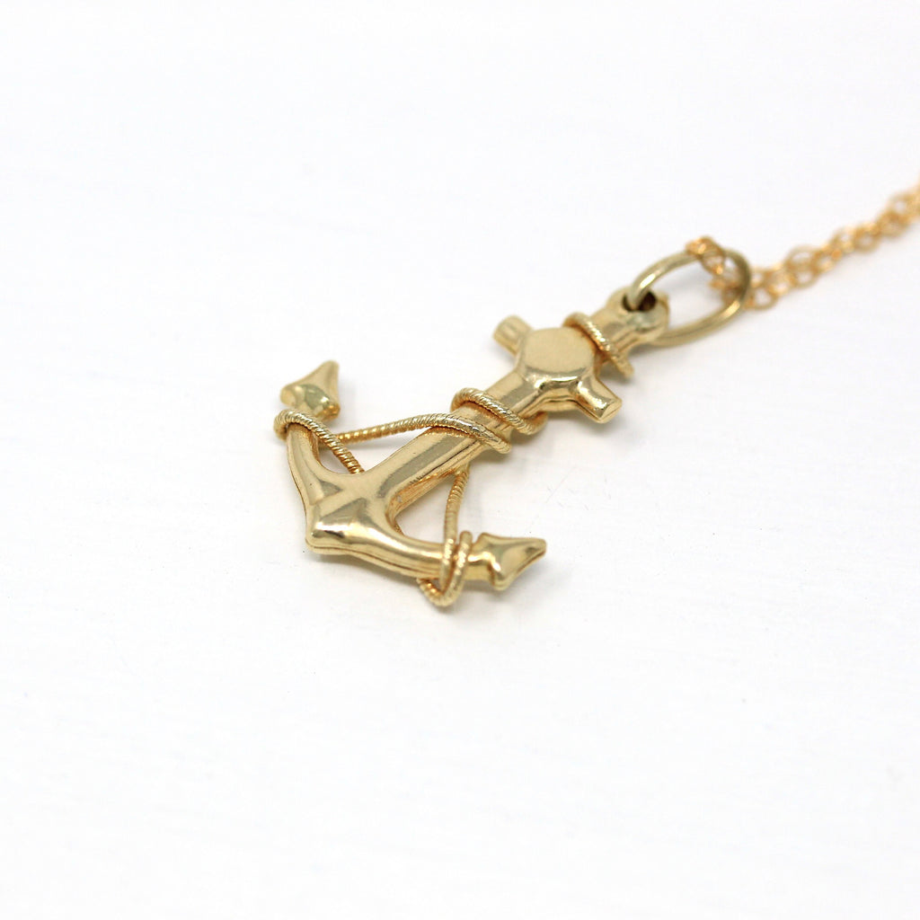 Vintage Anchor Pendant - Retro 14k Yellow Gold Figural Ship Device Charm Necklace - Circa 1960s Nautical Statement Rope Fine Italy Jewelry