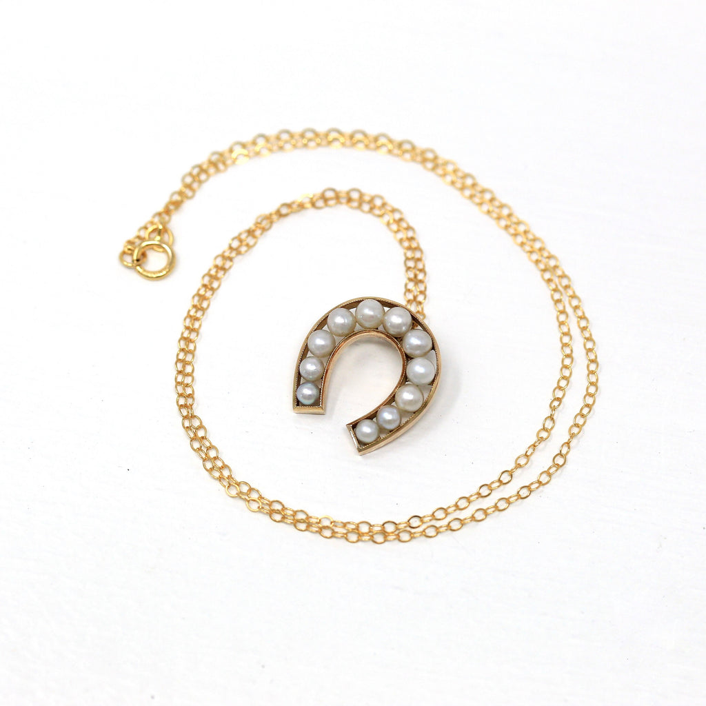 Vintage Horseshoe Charm - Retro 14k Yellow Gold Cultured Pearls Pendant Necklace - Circa 1940s Era Good Luck Equestrian Horse Fine Jewelry