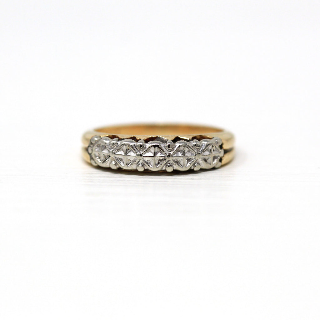 Vintage Wedding Band - Retro 14k Yellow & White Gold Two Tone Stacking Ring - Circa 1940s Era Size 4 1/4 Bridal Gilcrest 40s Fine Jewelry