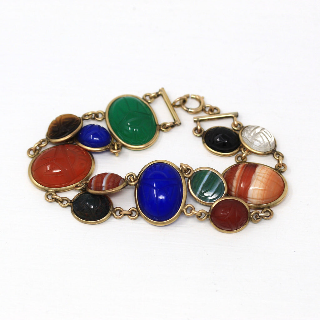 Vintage Scarab Bracelet - Retro 12k Gold Filled Carved Genuine Gemstones - Circa 1960s Era Egyptian Revival Spring Ring Clasp Panel Jewelry