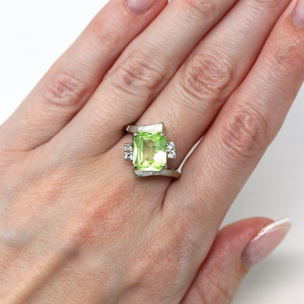 Created Spinel Ring - Retro 10k White Gold Emerald Cut Chartreuse Green Statement - Vintage Circa 1950s Size 7 1/4 Bypass Fine Jewelry