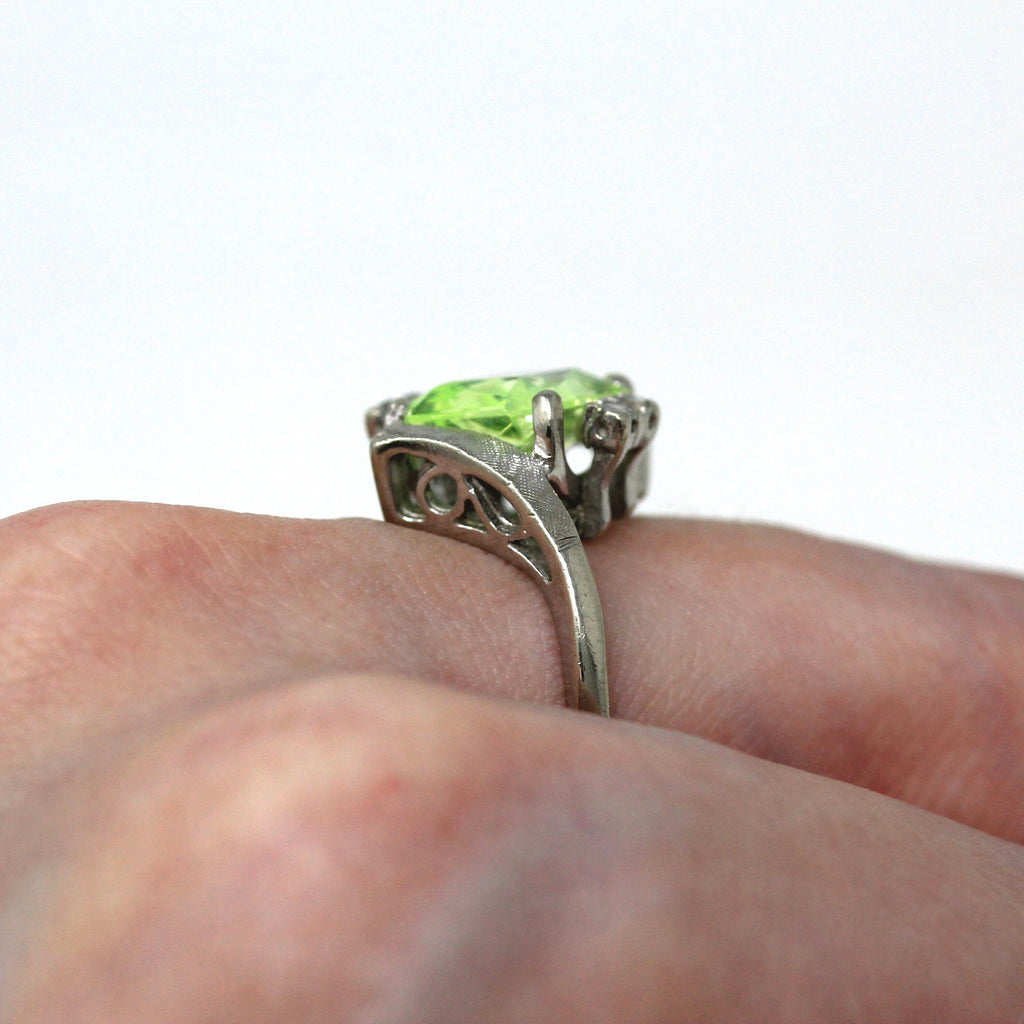 Created Spinel Ring - Retro 10k White Gold Emerald Cut Chartreuse Green Statement - Vintage Circa 1950s Size 7 1/4 Bypass Fine Jewelry
