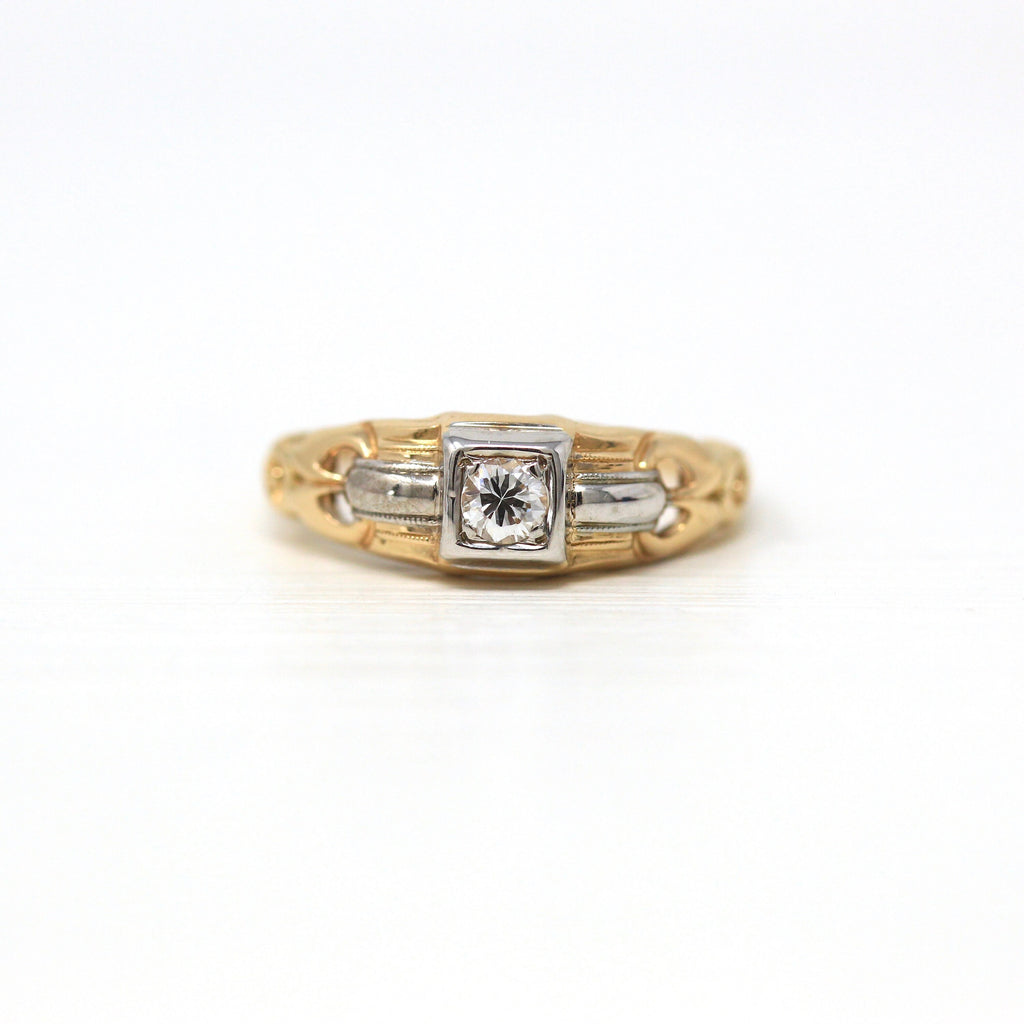 Vintage Engagement Ring - Retro Era 14k-18k White & Yellow Gold 1/10 CT Genuine Diamond Gem - Circa 1940s Size 4.75 Fine 40s Bridal Jewelry