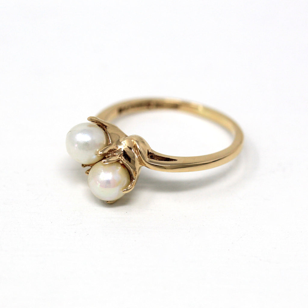 Cultured Pearl Ring - Retro 10k Yellow Gold Toi Et Moi Two Gem Bypass Statement - Vintage Circa 1940s Size 7 June Birthstone Fine Jewelry