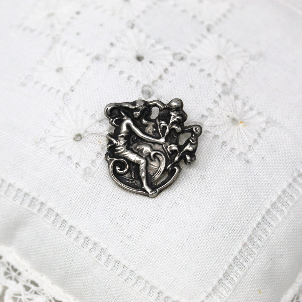 Art Nouveau Brooch - Antique Sterling Silver Small Pin , Woman Holding Flower - Edwardian Circa 1910s Era Fashion Accessory 925 Jewelry