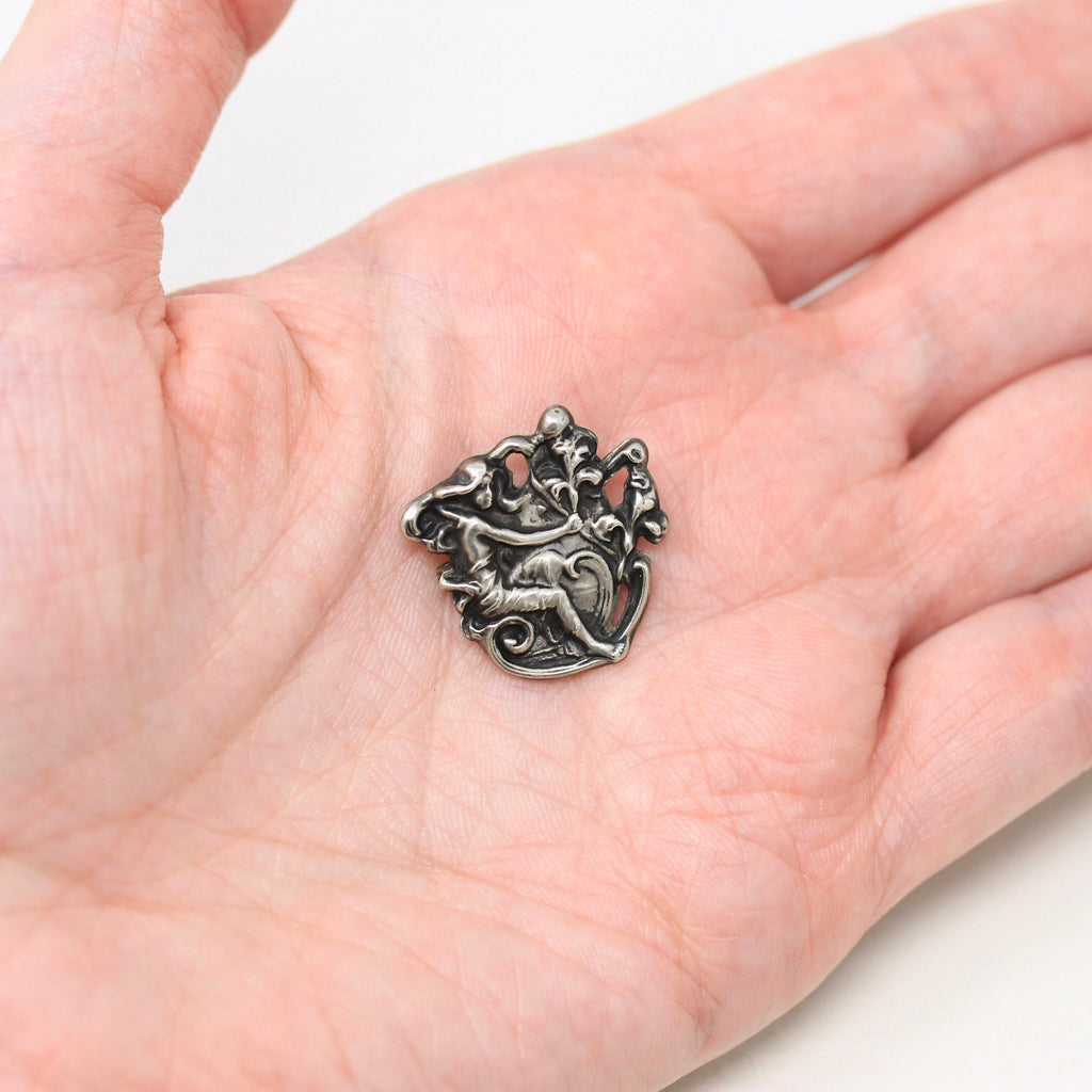 Art Nouveau Brooch - Antique Sterling Silver Small Pin , Woman Holding Flower - Edwardian Circa 1910s Era Fashion Accessory 925 Jewelry