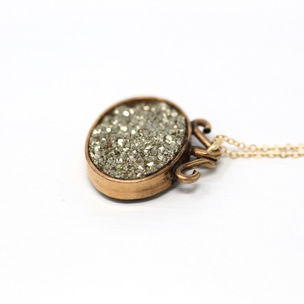 Antique Pyrite Fob - Edwardian Gold Filled Genuine Druzy Crystal Pendant Necklace - Antique Circa 1900s Era Sparkly Fob Jewelry