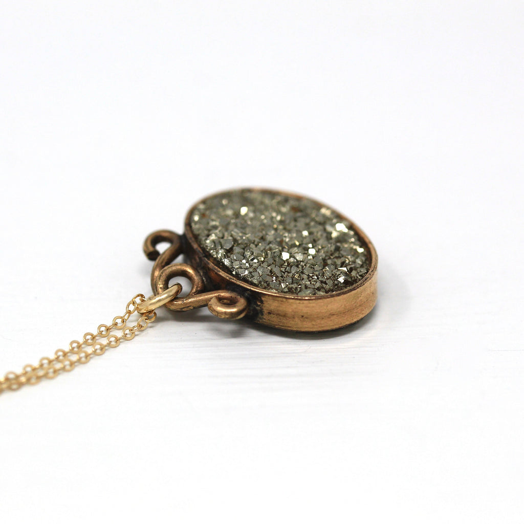 Antique Pyrite Fob - Edwardian Gold Filled Genuine Druzy Crystal Pendant Necklace - Antique Circa 1900s Era Sparkly Fob Jewelry