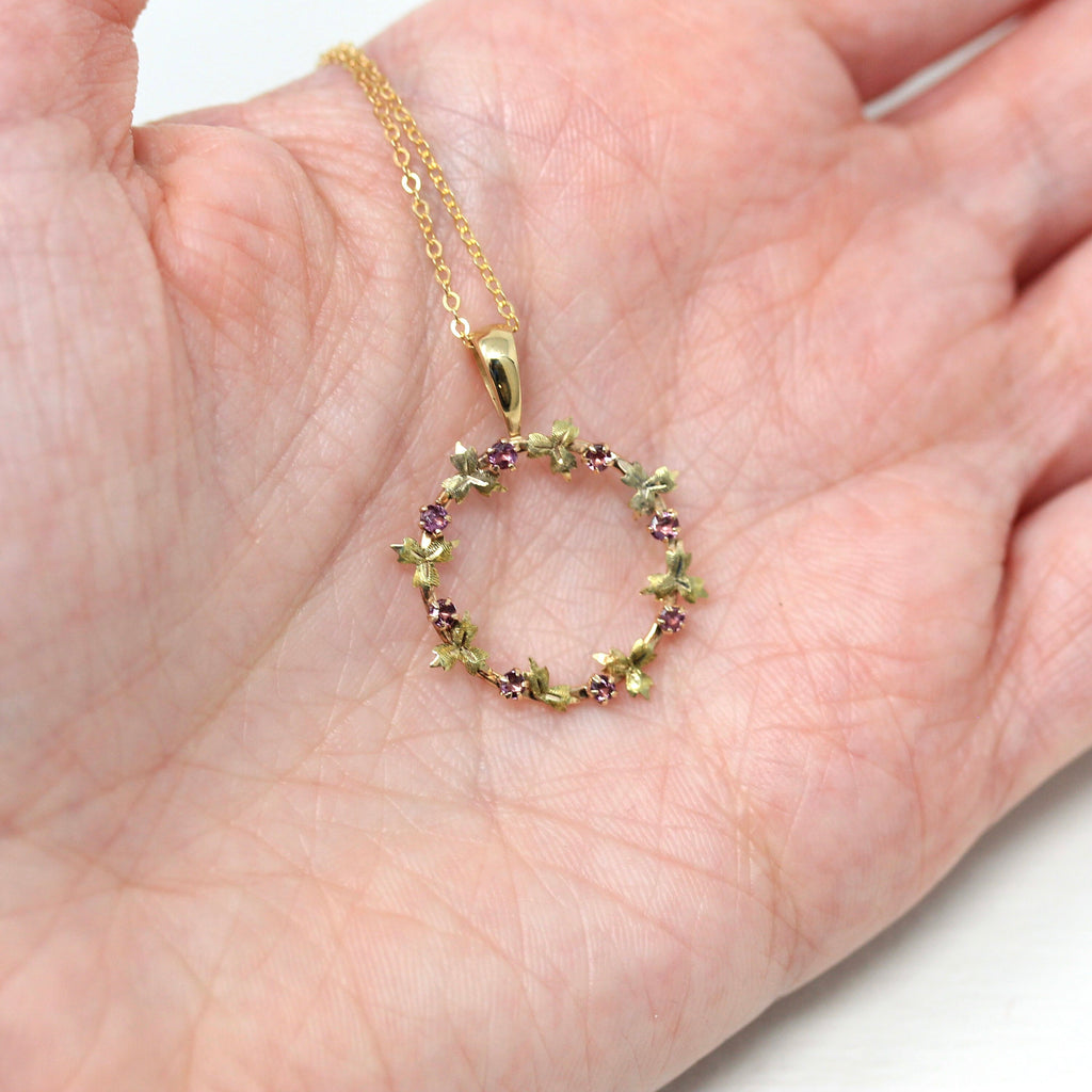 Antique Wreath Necklace - Edwardian 10k Yellow Gold Brooch Conversion Pendant - Circa 1910s Era Violet Glass Stones Leaf Motif Fine Jewelry