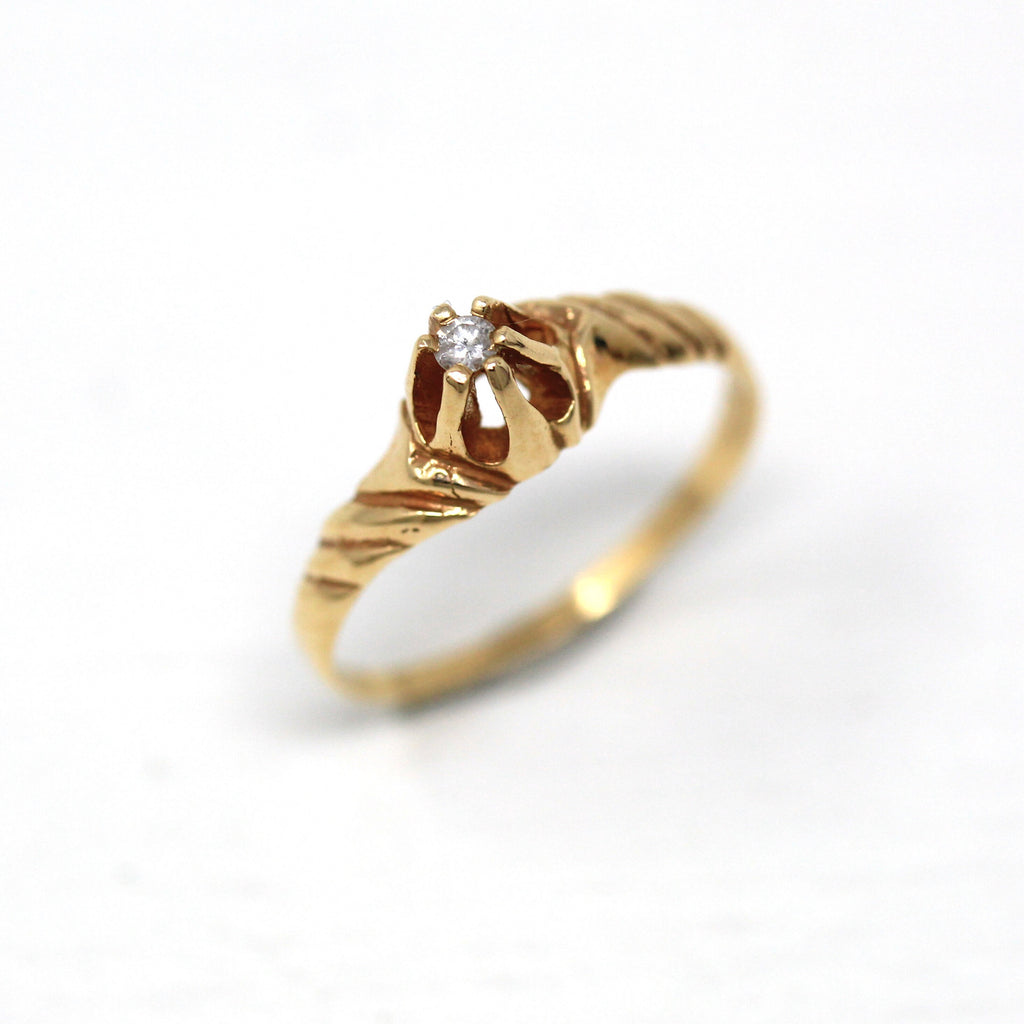 Genuine Diamond Ring - Retro 14k Yellow Gold Round Faceted .01 CT Gem - Vintage Circa 1970s Era Size 4 1/4 April Birthstone Fine 70s Jewelry