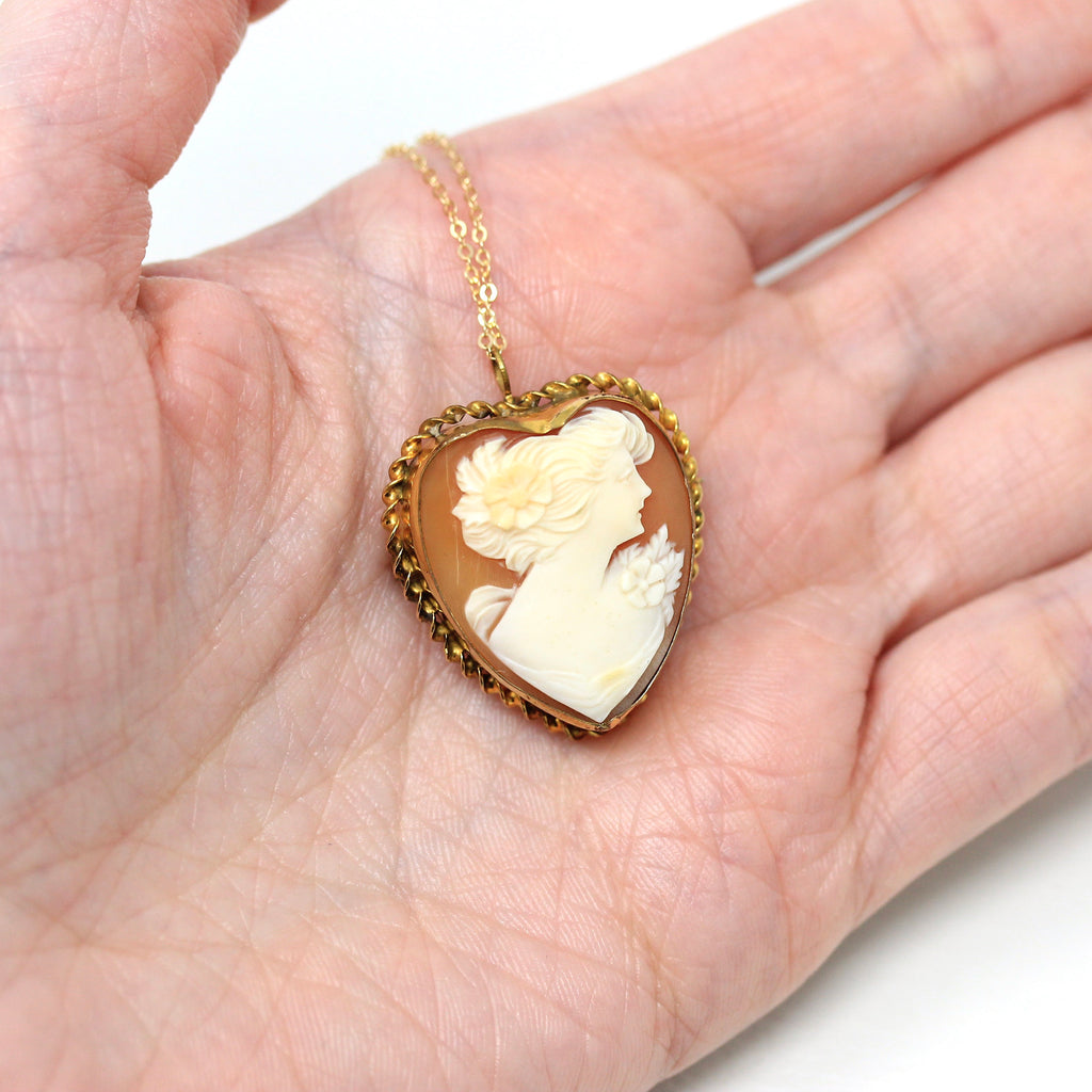 Vintage Cameo Pendant - Retro 12k Gold Filled Carved Shell Heart Shaped Pin - Circa 1940s Era Statement Fashion Accessory Brooch 40s Jewelry