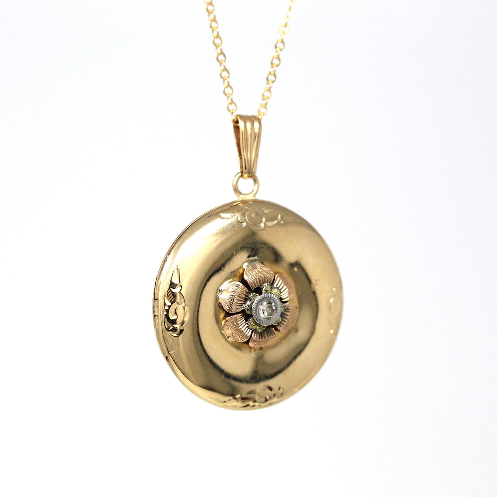 Vintage Diamond Locket - Retro 14k Yellow Gold Genuine .04 CT Gem Pendant Necklace - Circa 1940s Era Round Flower Keepsake Fine 40s Jewelry