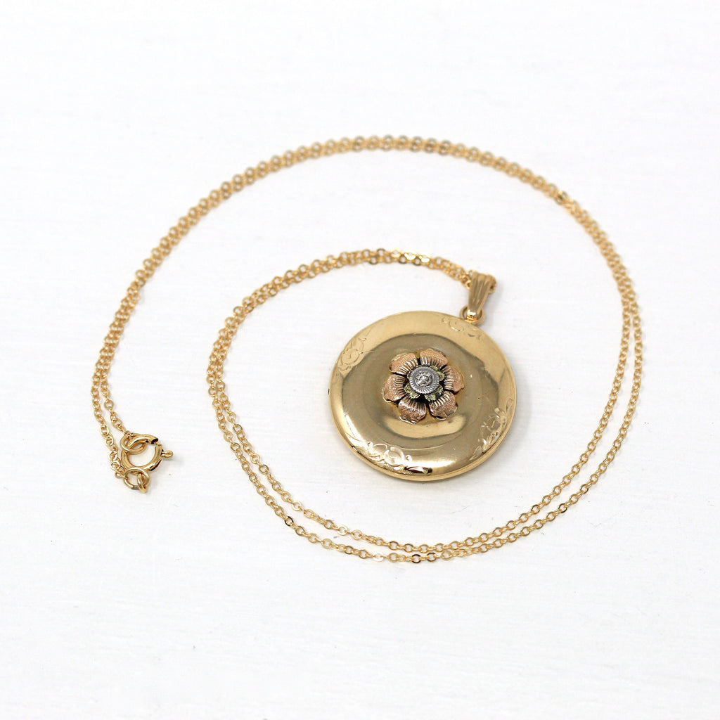 Vintage Diamond Locket - Retro 14k Yellow Gold Genuine .04 CT Gem Pendant Necklace - Circa 1940s Era Round Flower Keepsake Fine 40s Jewelry