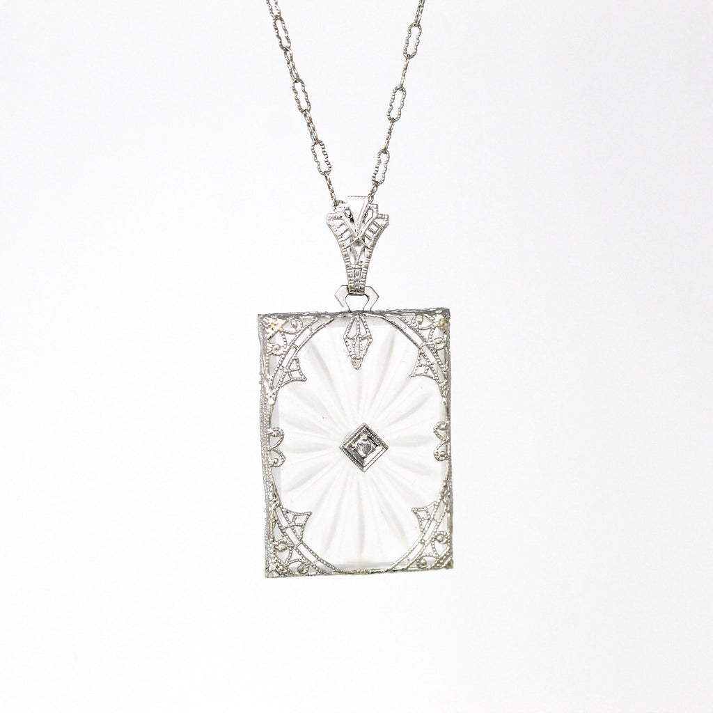 Rock Crystal Quartz Necklace - Art Deco 14k White Gold Genuine Diamond Pendant - Antique Circa 1920s Era Statement Filigree Fine 20s Jewelry