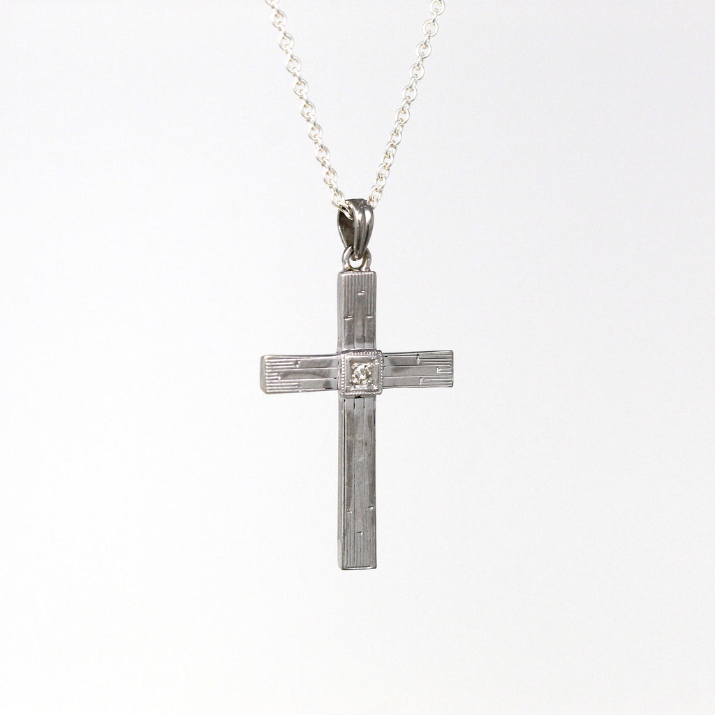Vintage Cross Necklace - Mid Century 10k White Gold Genuine .03 CT Diamond Gem Pendant - Circa 1950s Era Religious Faith Fine 50s Jewelry