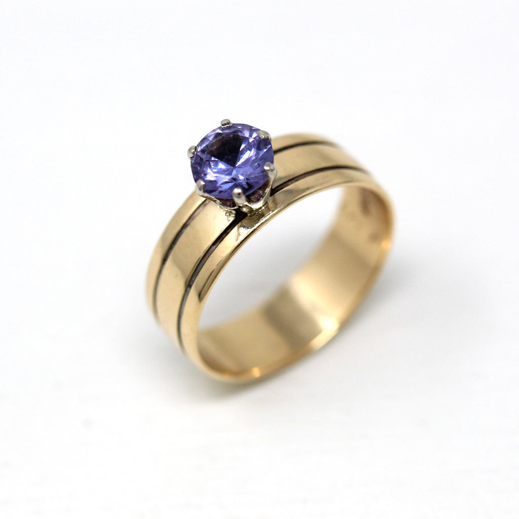 Created Sapphire Ring - Vintage 10k Yellow Gold Round Facet Pink Purple Stone Solitaire - Retro Circa 1970s Size 8.5 Statement Fine Jewelry