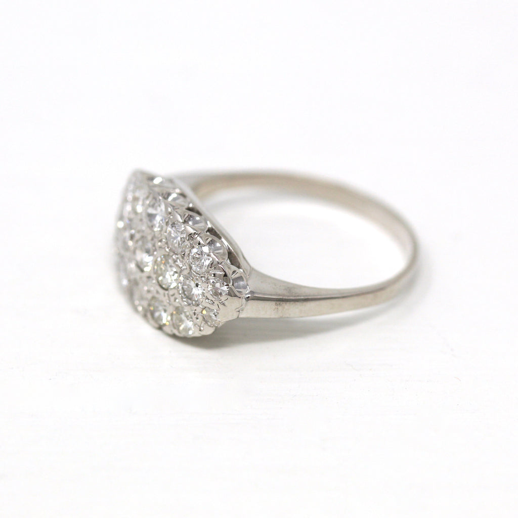 Diamond Cluster Ring - Vintage 14k White Gold Genuine .73 CTW Diamond Gemstones Statement - Circa 1950s Era Size 6 3/4 Cocktail Fine Jewelry