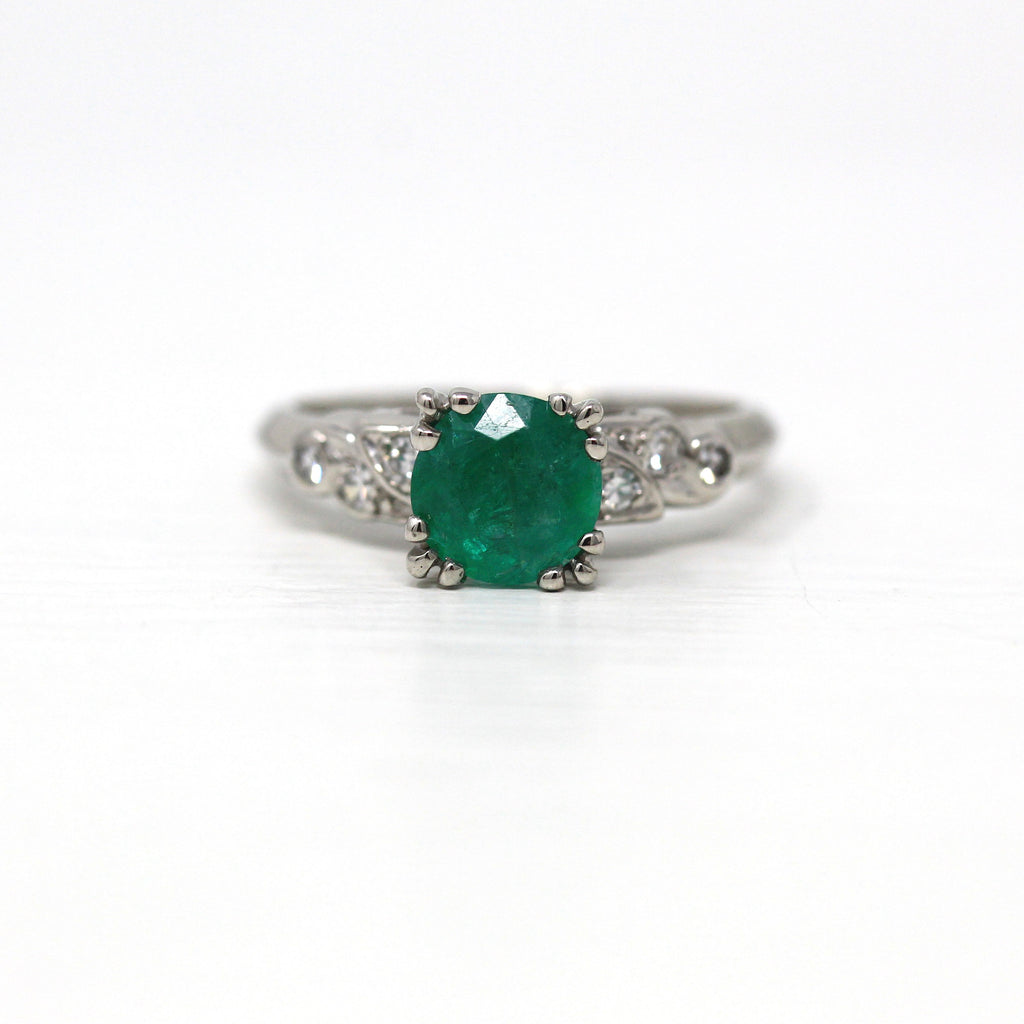 Vintage Emerald Ring - Mid Century Platinum Round Faceted 1.16 CT Green Gemstone - Vintage Circa 1950s Era Size 6 1/2 Fine 50s Gem Jewelry