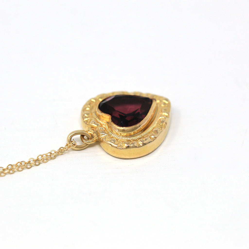 Simulated Amethyst Pendant - Retro Gold Filled Purple Glass Heart Repousse Necklace - Vintage Circa 1940s Era February Birthstone Jewelry