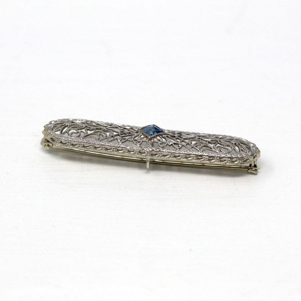 Genuine Aquamarine Brooch - Art Deco 14k White Gold Filigree Blue .19 CT Gemstone Pin - Antique Circa 1920s Era March Birthstone 20s Jewelry