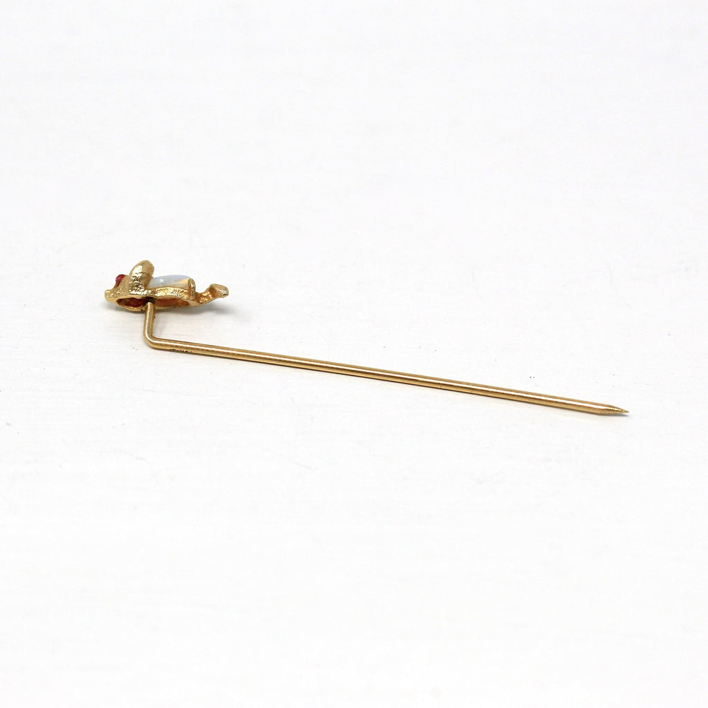 Mouse Stick Pin - Retro 14k Yellow Gold Figural Animal Neckwear - Vintage Circa 1960s Fine Fashion Accessory Genuine Opal Jewelry