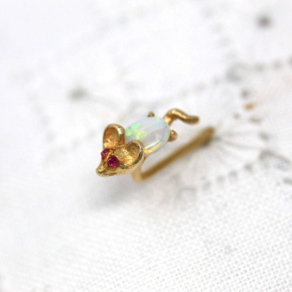 Mouse Stick Pin - Retro 14k Yellow Gold Figural Animal Neckwear - Vintage Circa 1960s Fine Fashion Accessory Genuine Opal Jewelry