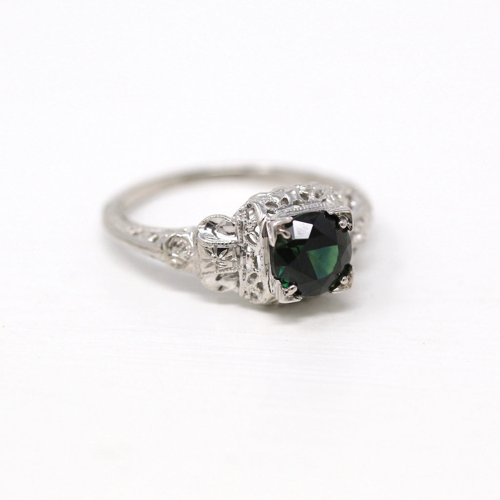Green Sapphire Ring - Antique 18k White Gold Filigree Engagement 1.32 CT Peacock Gem - Vintage 1930s Size 7 Wedding Flower Fine Teal Jewelry