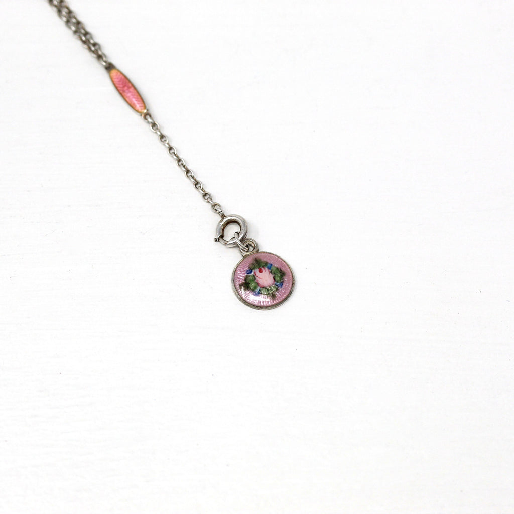 Art Deco Necklace - Vintage Sterling Silver Pink Flower Guilloché Enamel Round Pendant - 1930s Floral Charm Spring Lariat Style 30s Jewelry
