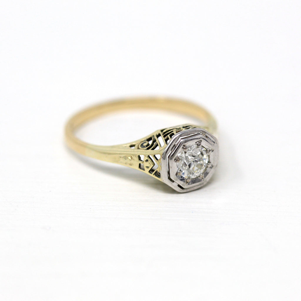 Art Deco Ring - Vintage 14k Yellow & White Gold Filigree Genuine .23 CT Diamond - Circa 1930s Era Size 8.5 Engagement Two Tone Fine Jewelry